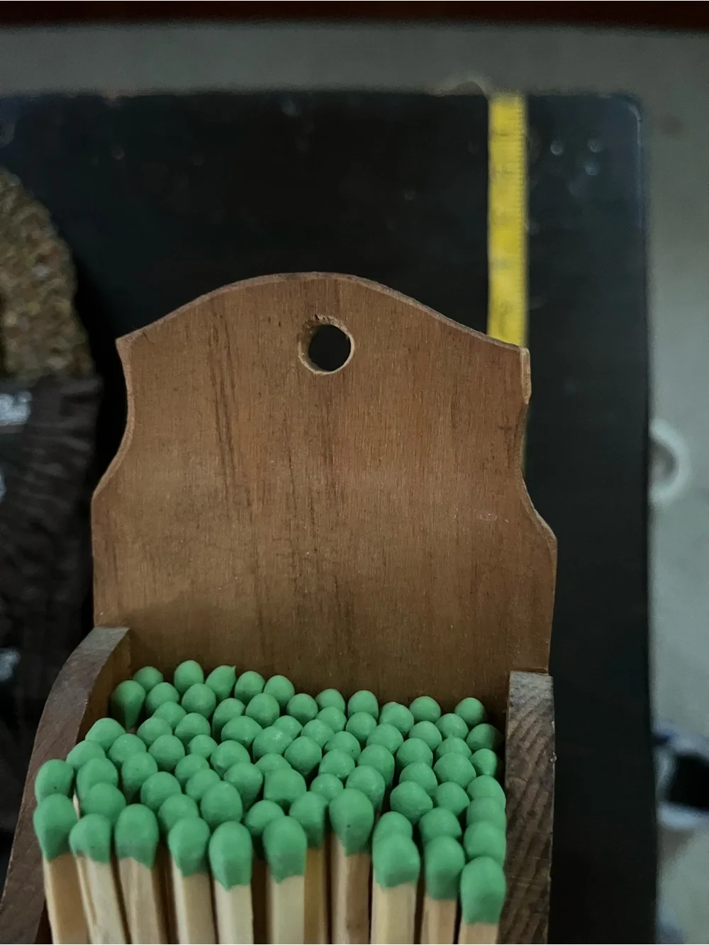 Vintage Brown Wooden Matchstick Holder with Green Match Tips